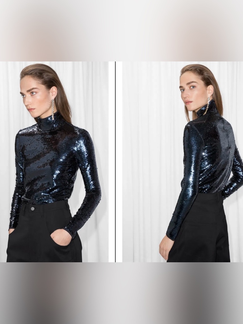 & Other Stories Navy Black Sequin Long-Sleeve Mock Neck Top